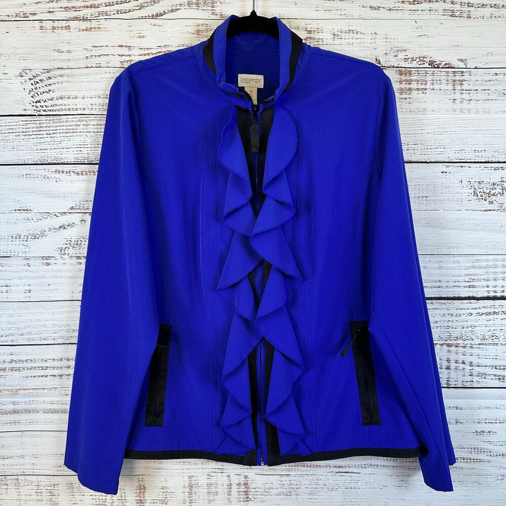 Zenergy by Chicos Blue Full Zip Lightweight Activewear Jacket Ruffle Womens 2 L